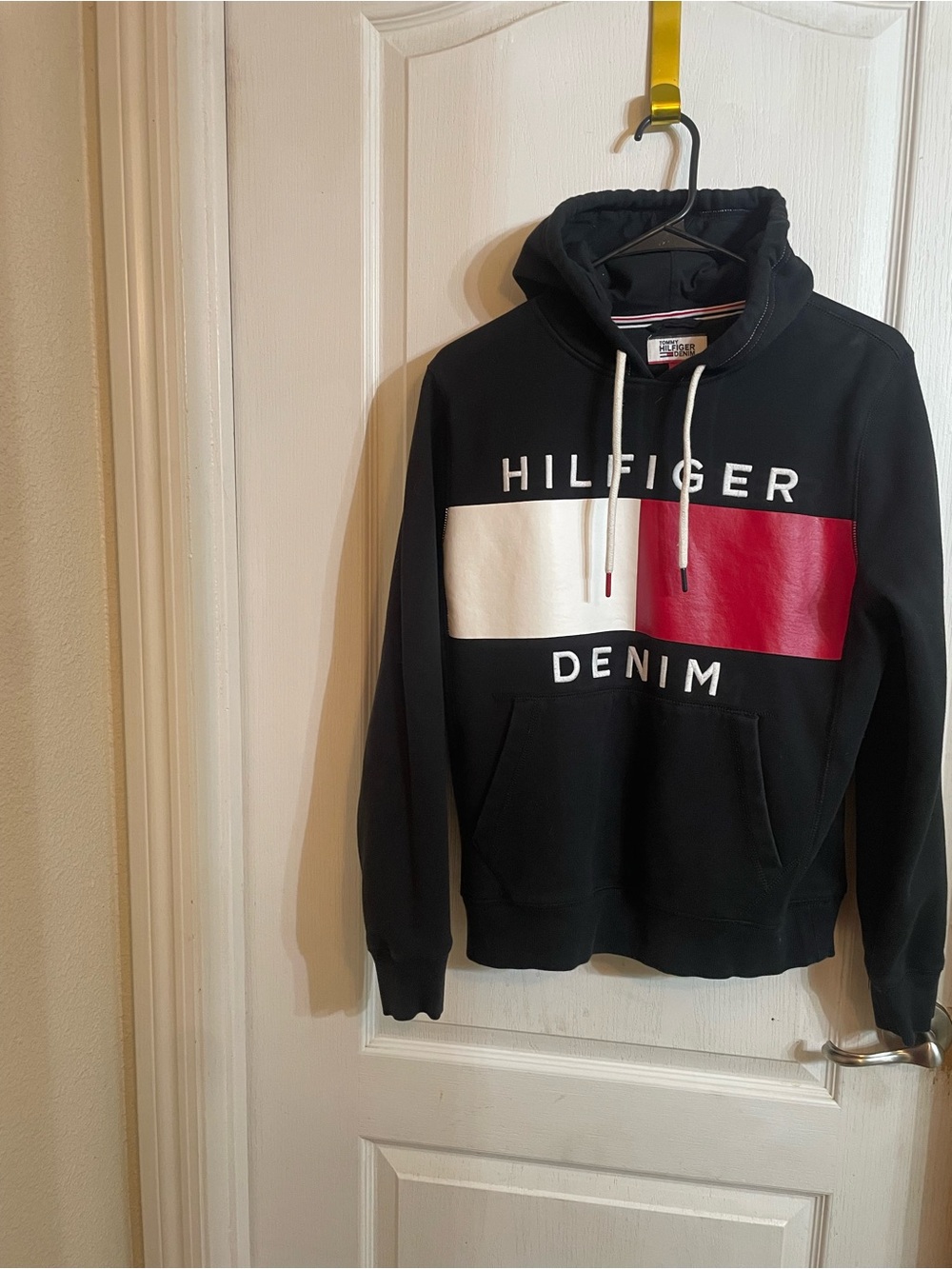Tommy Hilfiger Black Hoodie with Red & White Chest Panel